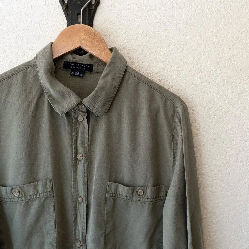 Social Standard Sanctuary M Olive 100% Tencel Roll Tab Button Shirt - Picture 3 of 12